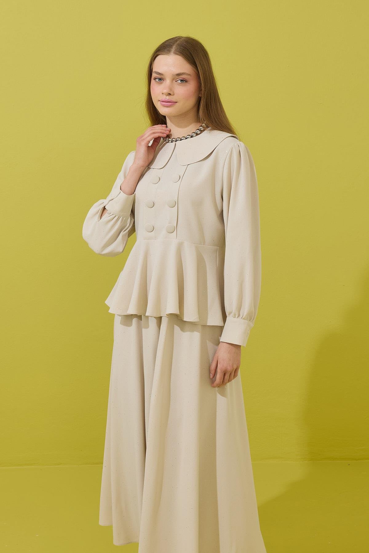Shine Bebe Yaka Peplum Krep Takım - Bej