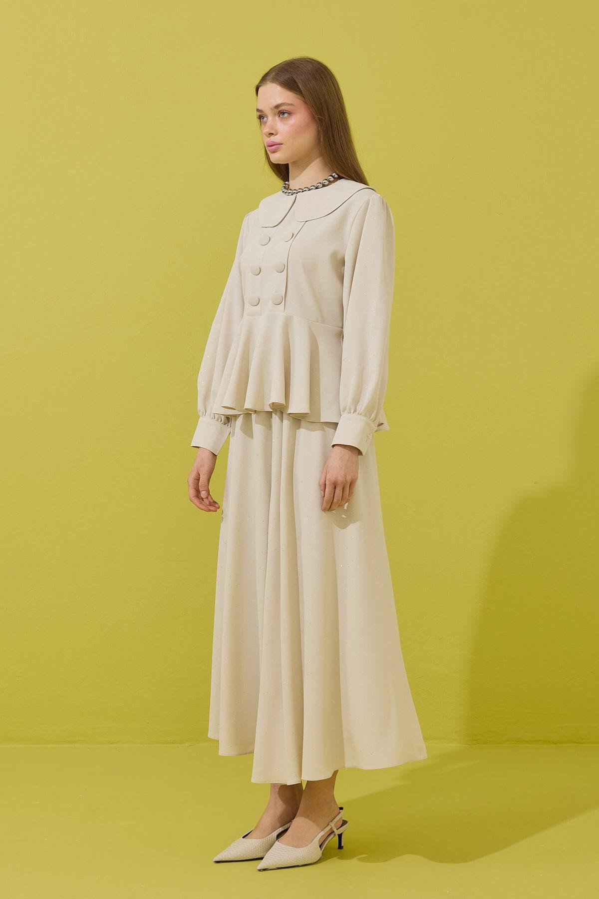 Shine Bebe Yaka Peplum Krep Takım - Bej