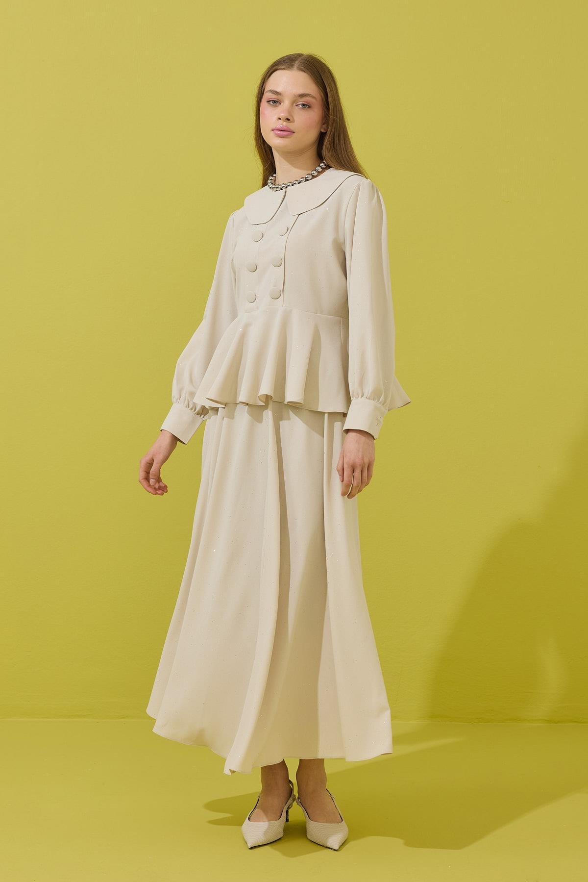 Shine Bebe Yaka Peplum Krep Takım - Bej