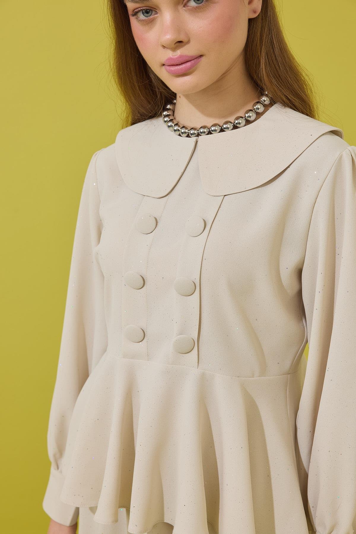 Shine Bebe Yaka Peplum Krep Takım - Bej