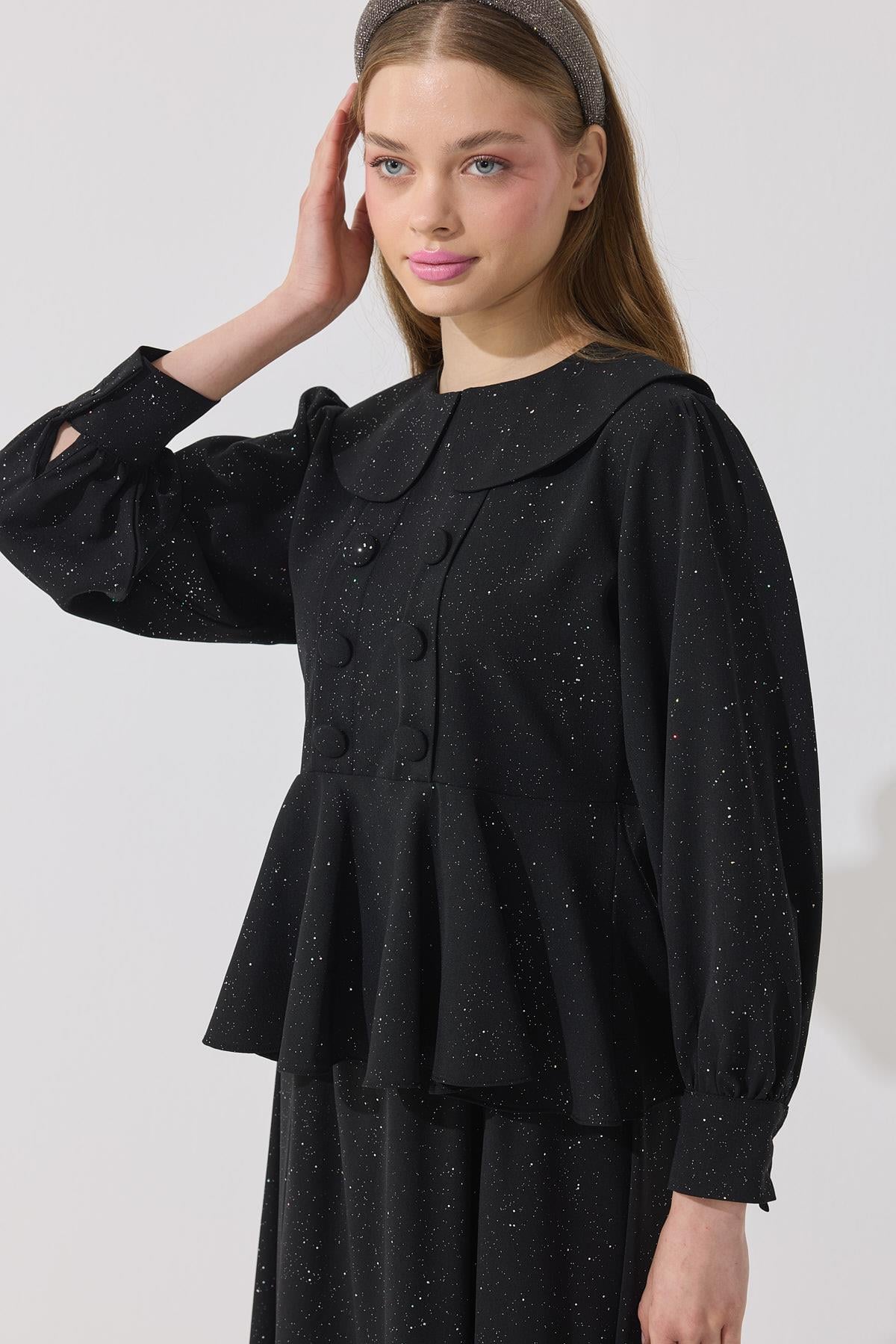 Shine Bebe Yaka Peplum Krep Takım - Siyah