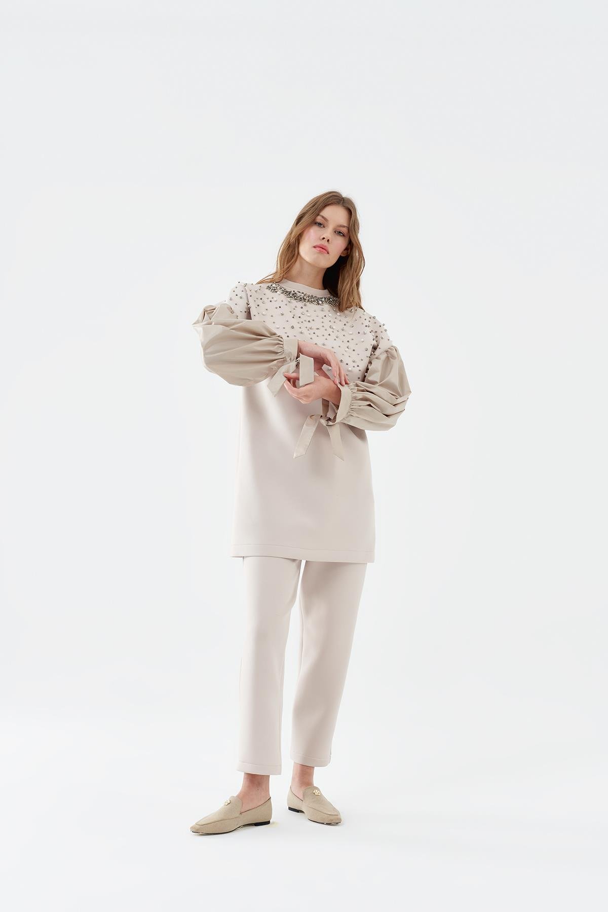 Shine Taşlı Scuba Tunik - Bej