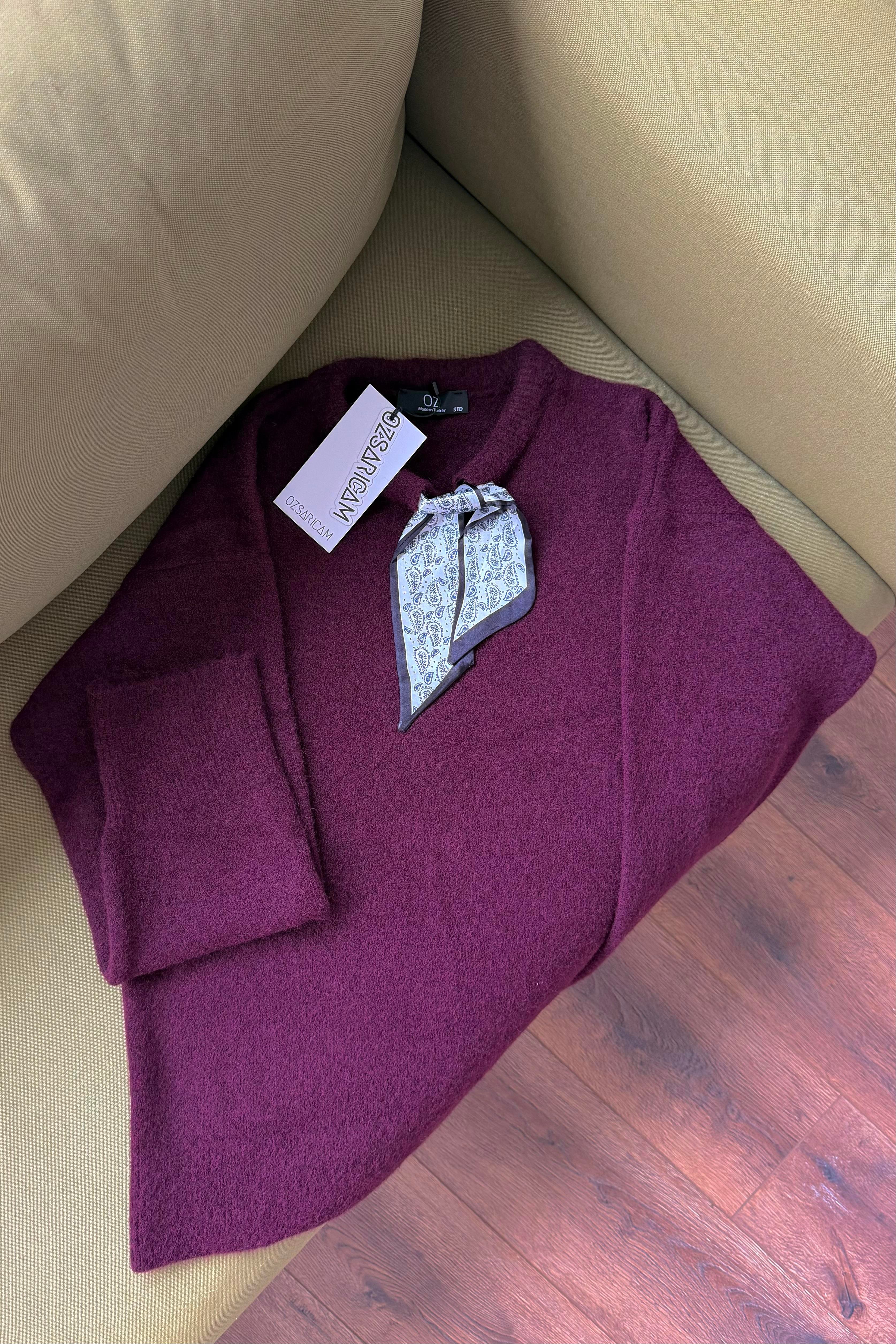 Sicily Fularlı Kazak - Bordo 