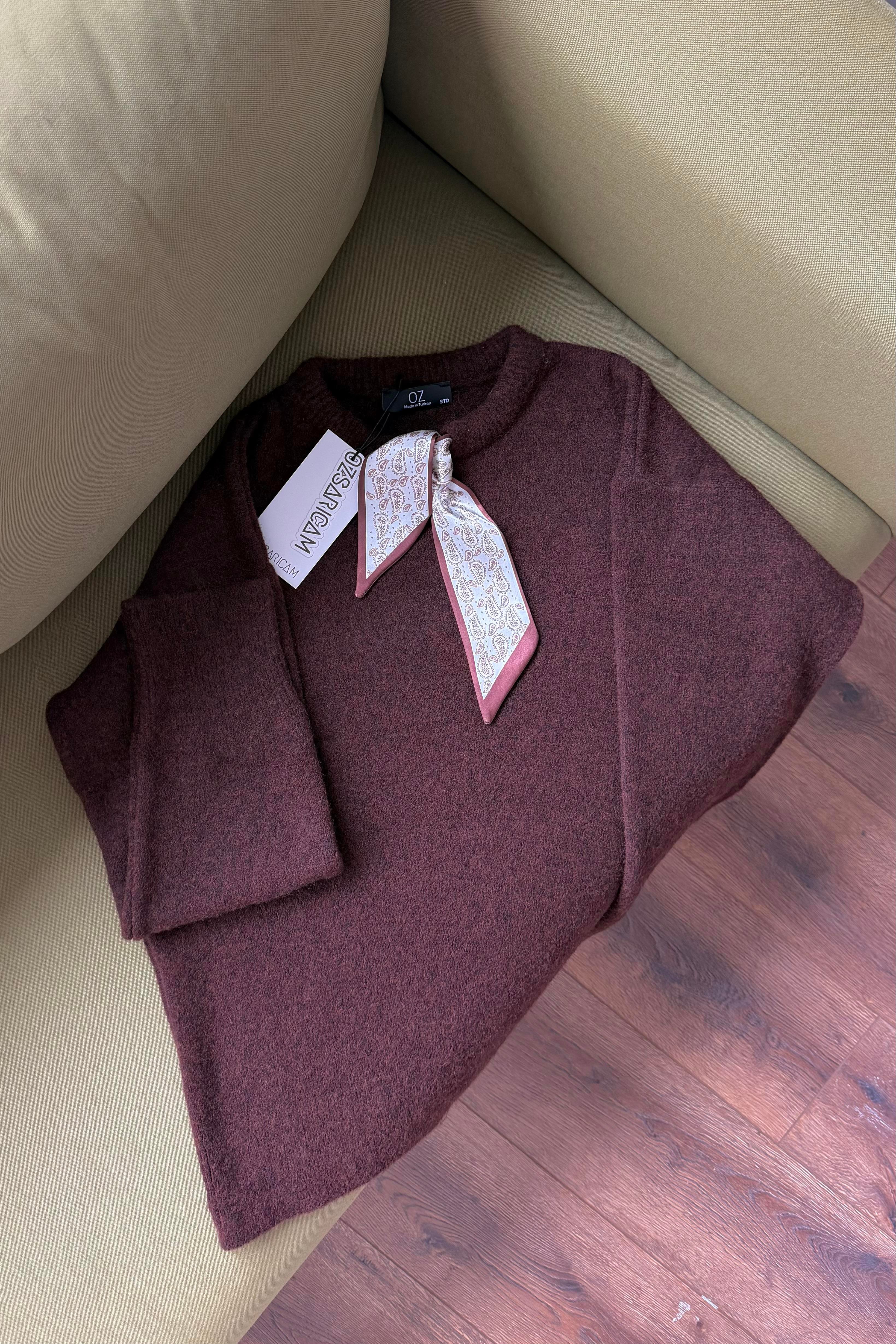 Sicily Fularlı Kazak - Kahverengi 