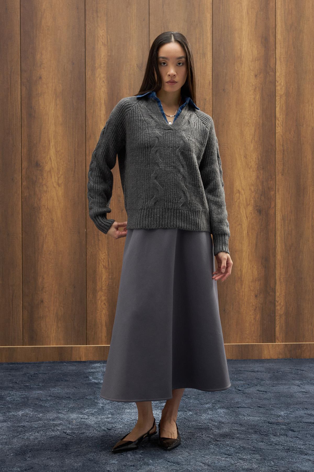 Side Denim Parçalı Triko Kazak - Antrasit