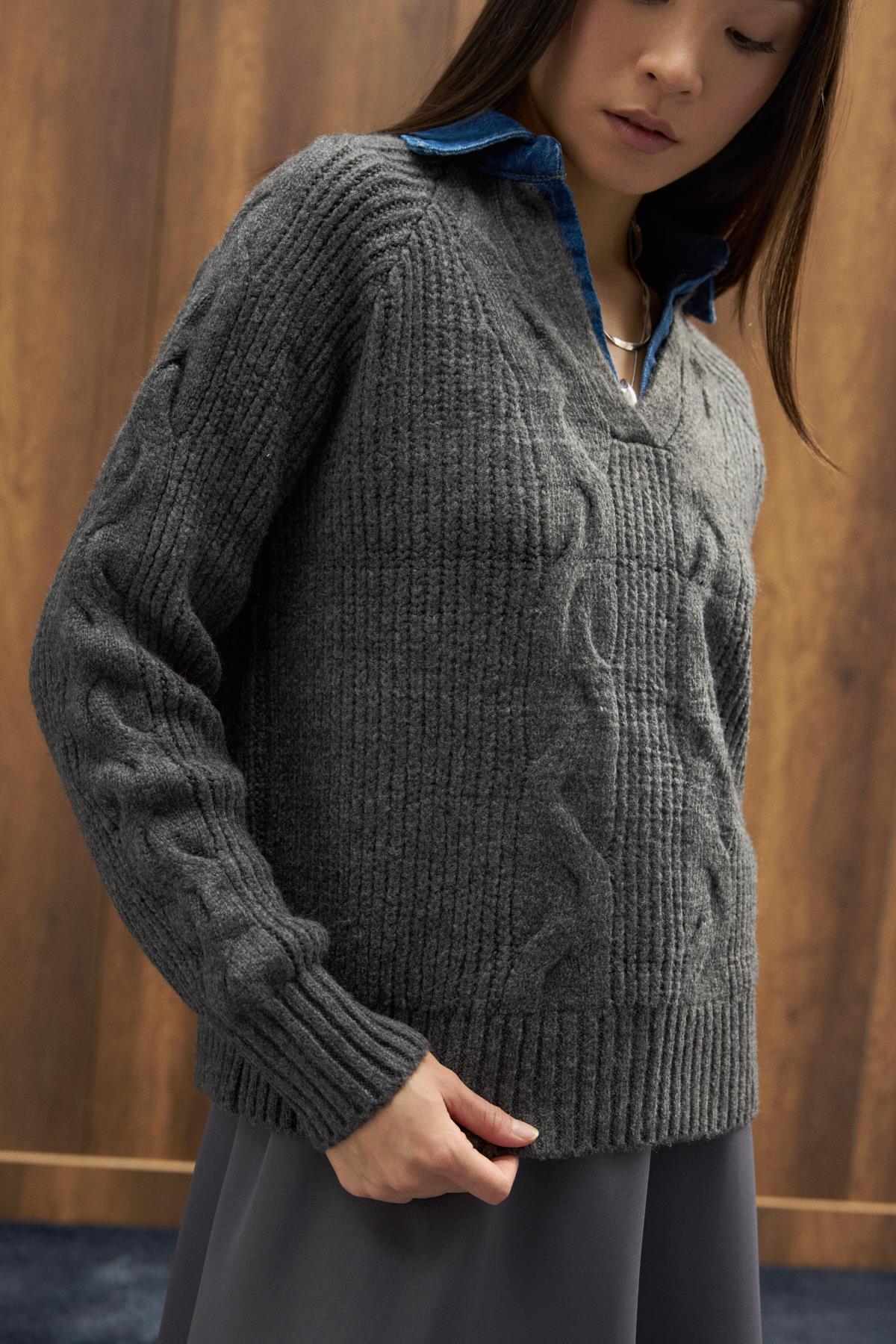 Side Denim Parçalı Triko Kazak - Antrasit