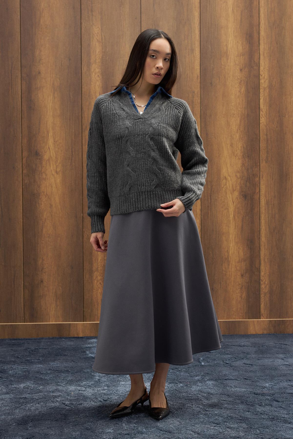 Side Denim Parçalı Triko Kazak - Antrasit