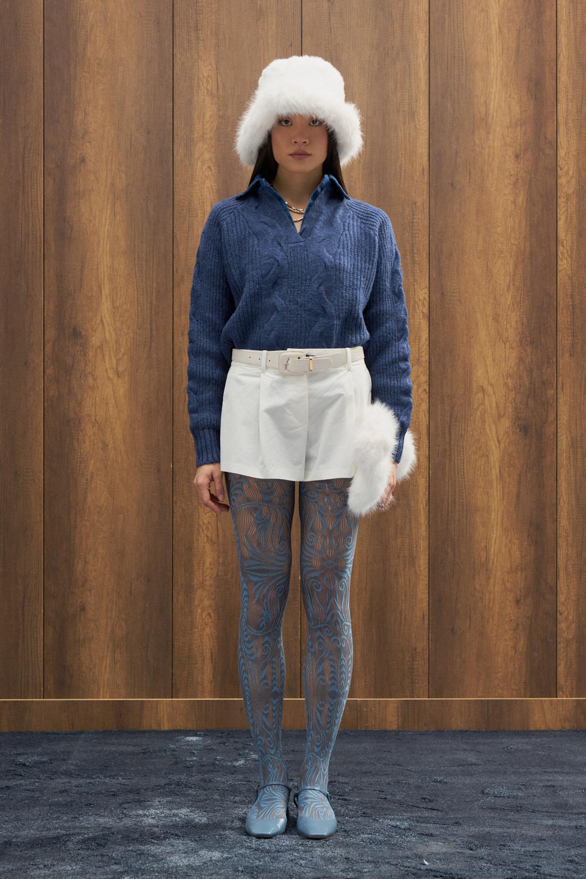 Side Denim Parçalı Triko Kazak - İndigo mavi