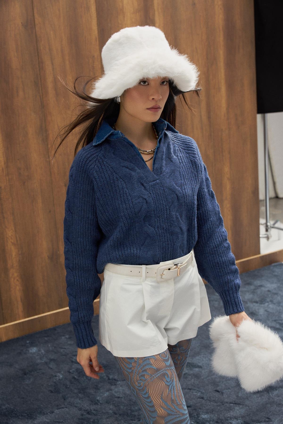 Side Denim Parçalı Triko Kazak - İndigo mavi