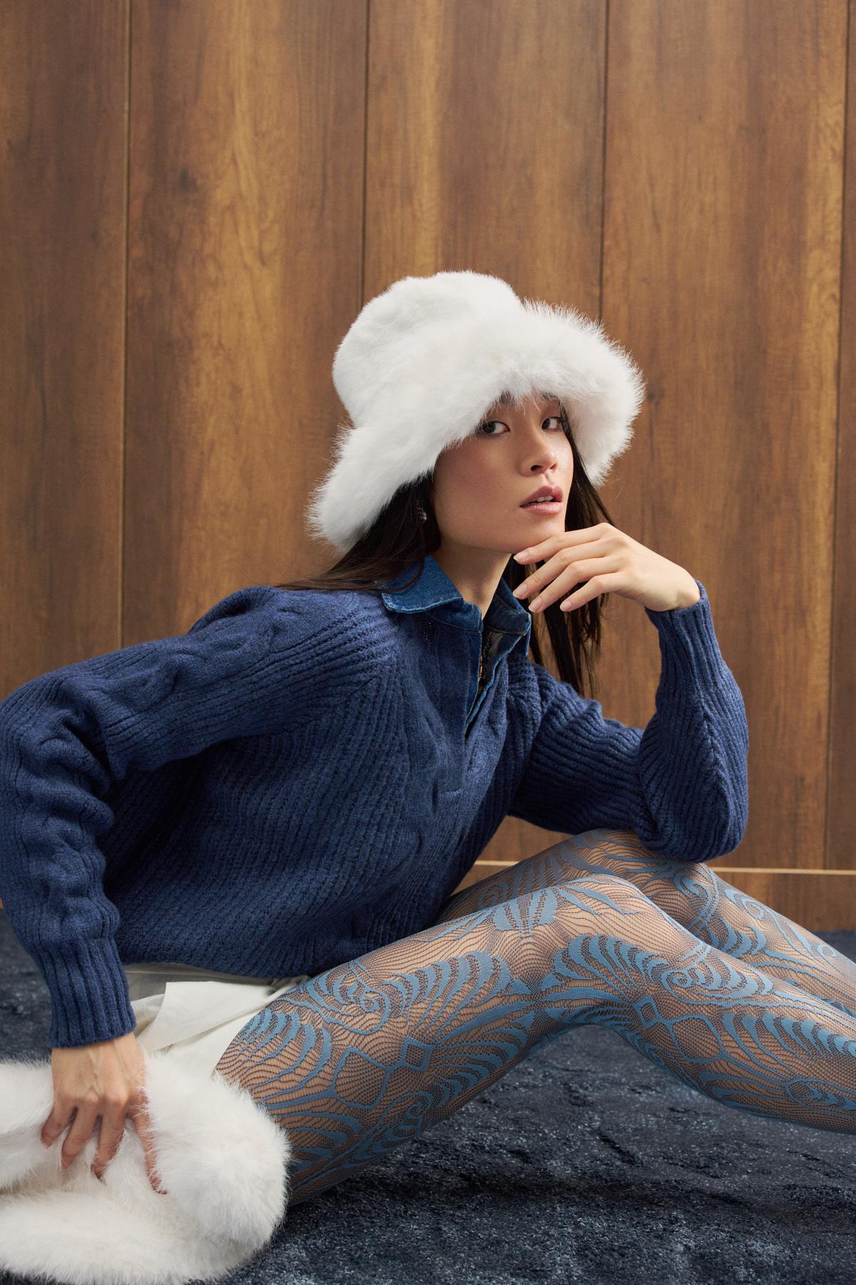 Side Denim Parçalı Triko Kazak - İndigo mavi