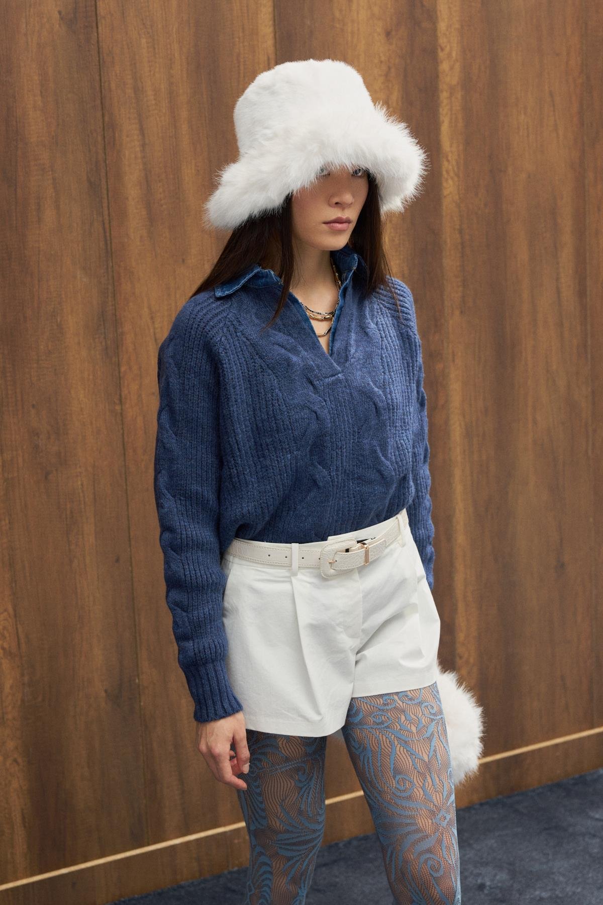 Side Denim Parçalı Triko Kazak - İndigo mavi