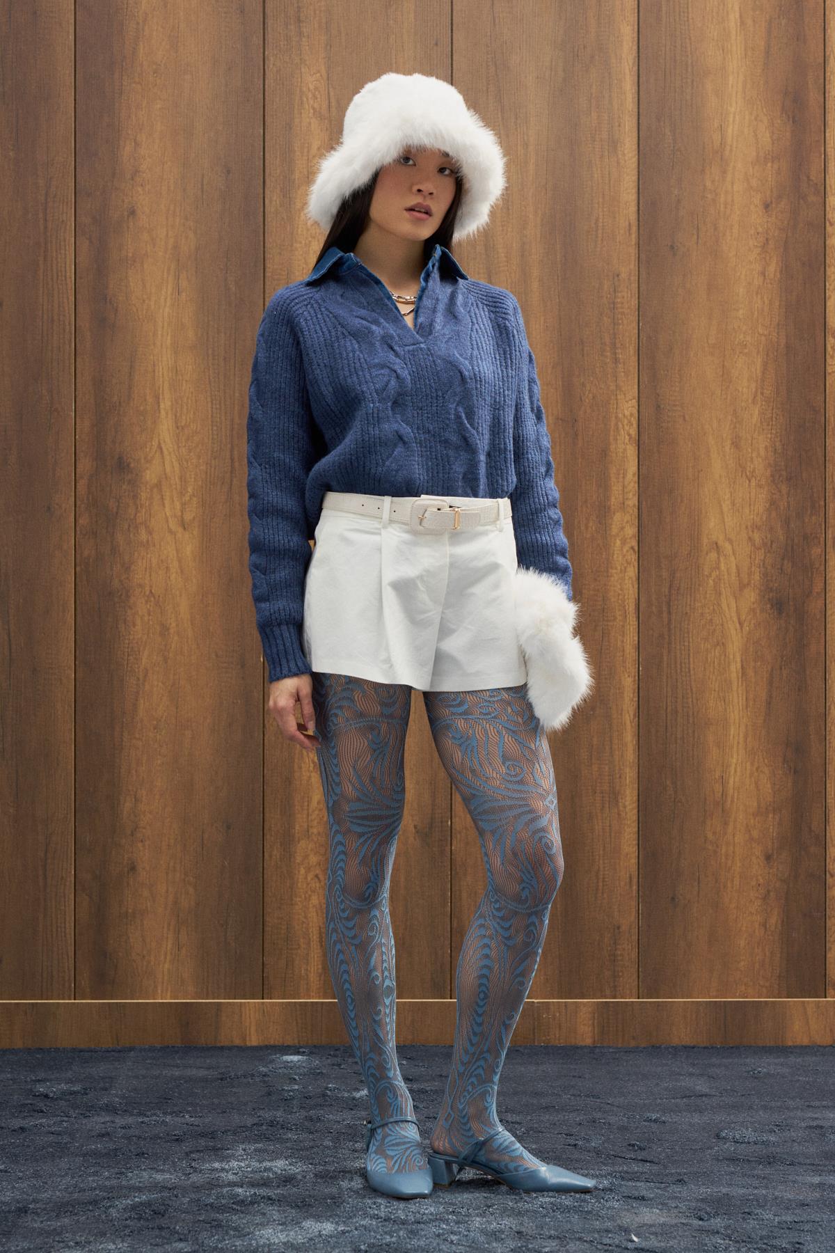 Side Denim Parçalı Triko Kazak - İndigo mavi