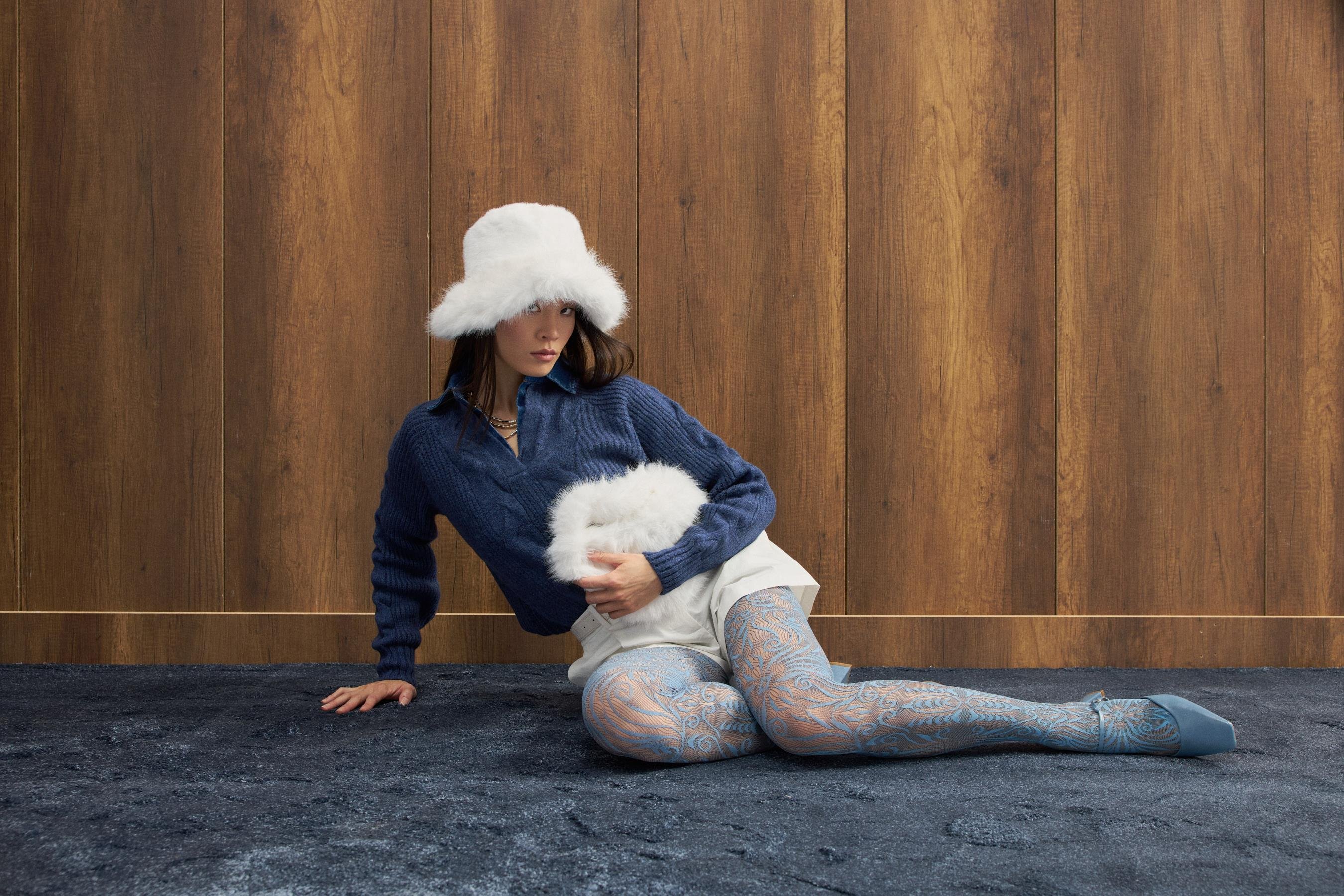 Side Denim Parçalı Triko Kazak - İndigo mavi