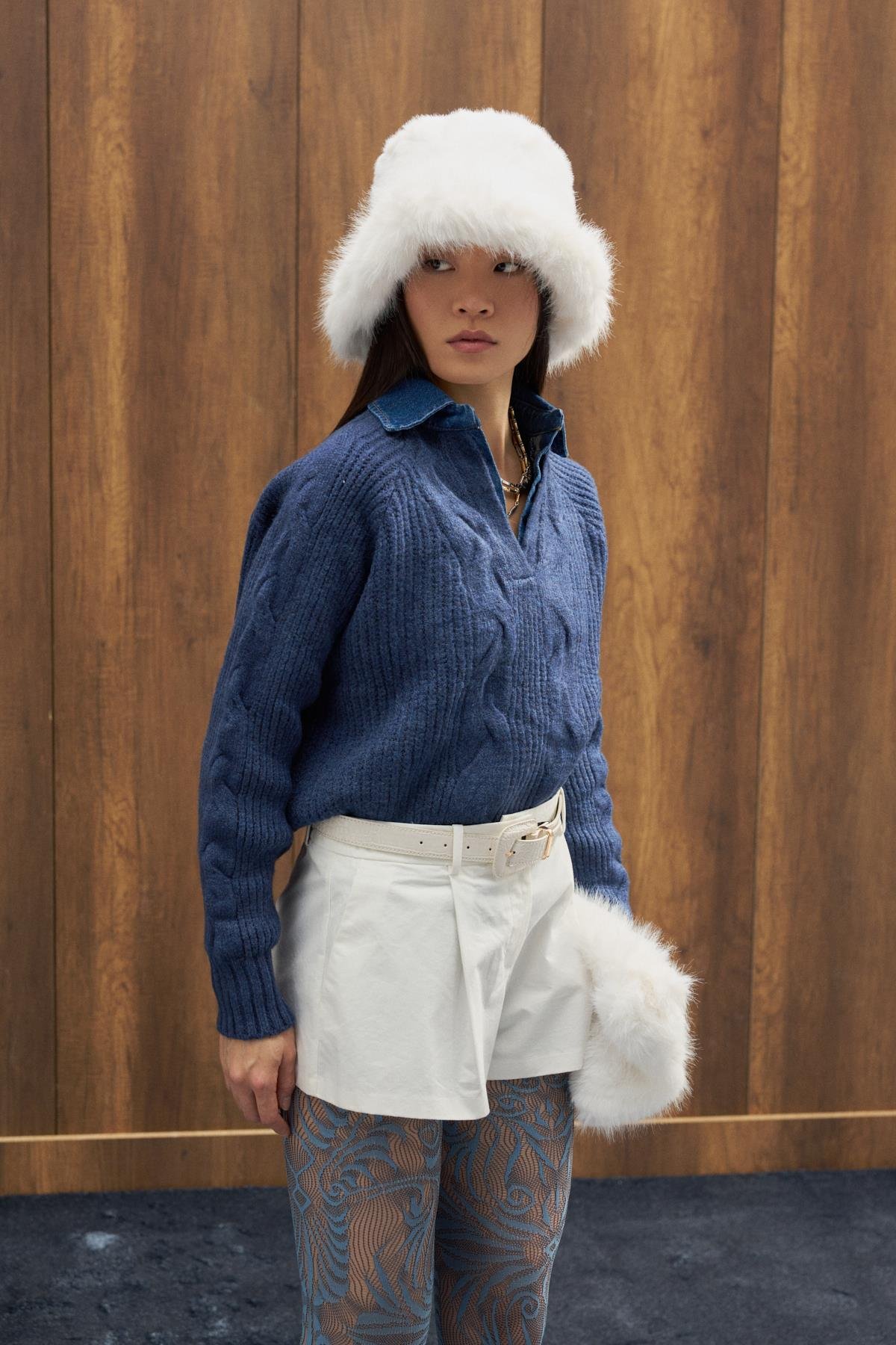 Side Denim Parçalı Triko Kazak - İndigo mavi