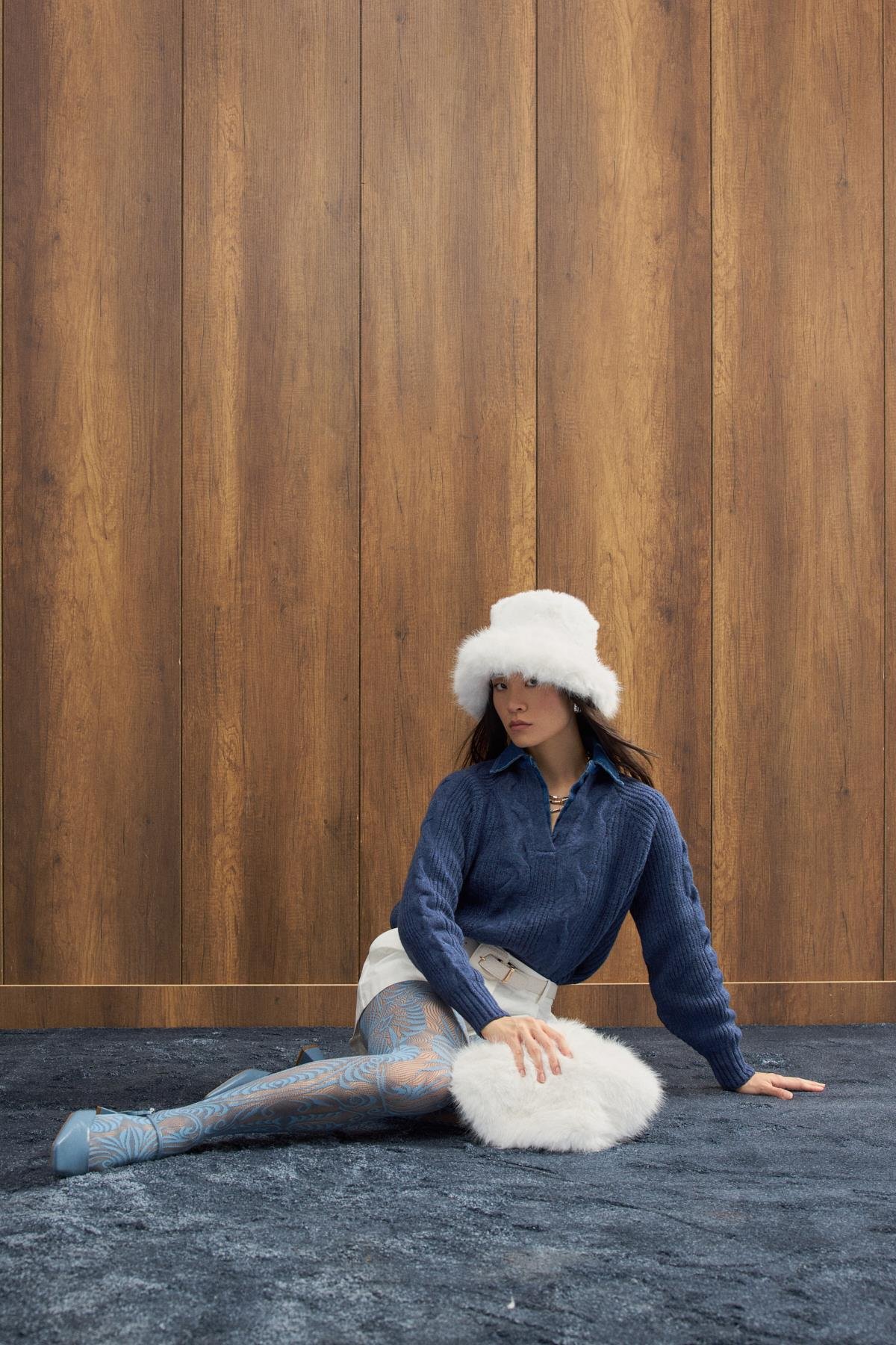 Side Denim Parçalı Triko Kazak - İndigo mavi