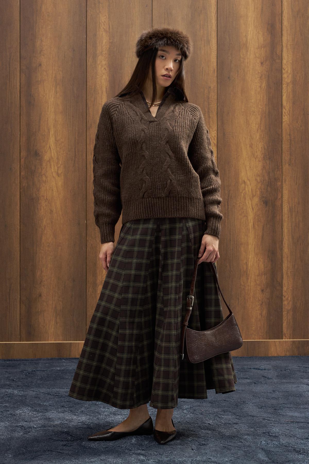 Side Denim Parçalı Triko Kazak - Kahverengi