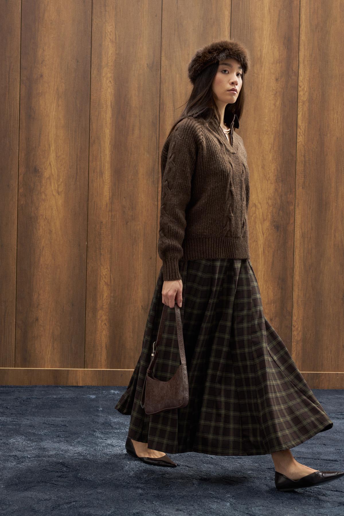 Side Denim Parçalı Triko Kazak - Kahverengi