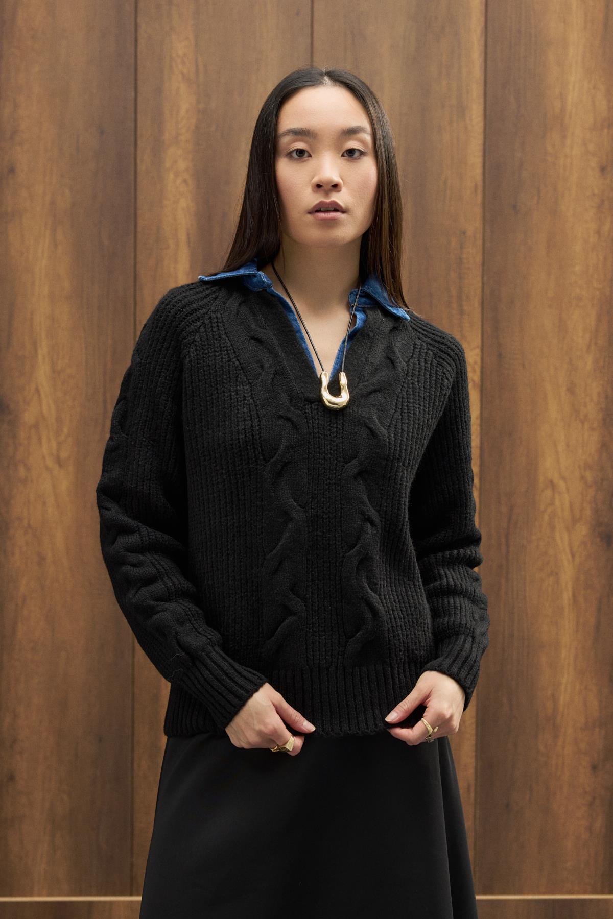 Side Denim Parçalı Triko Kazak - Siyah