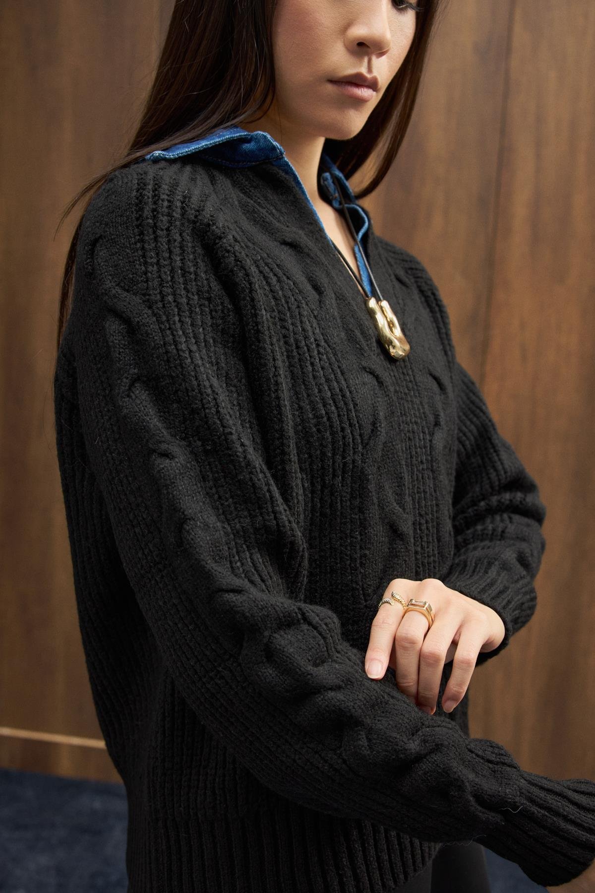 Side Denim Parçalı Triko Kazak - Siyah