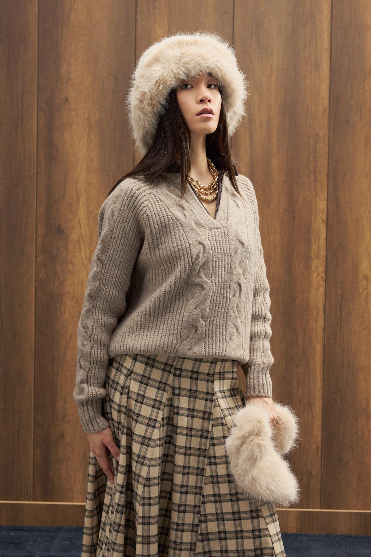 Side Denim Parçalı Triko Kazak - Vizon 