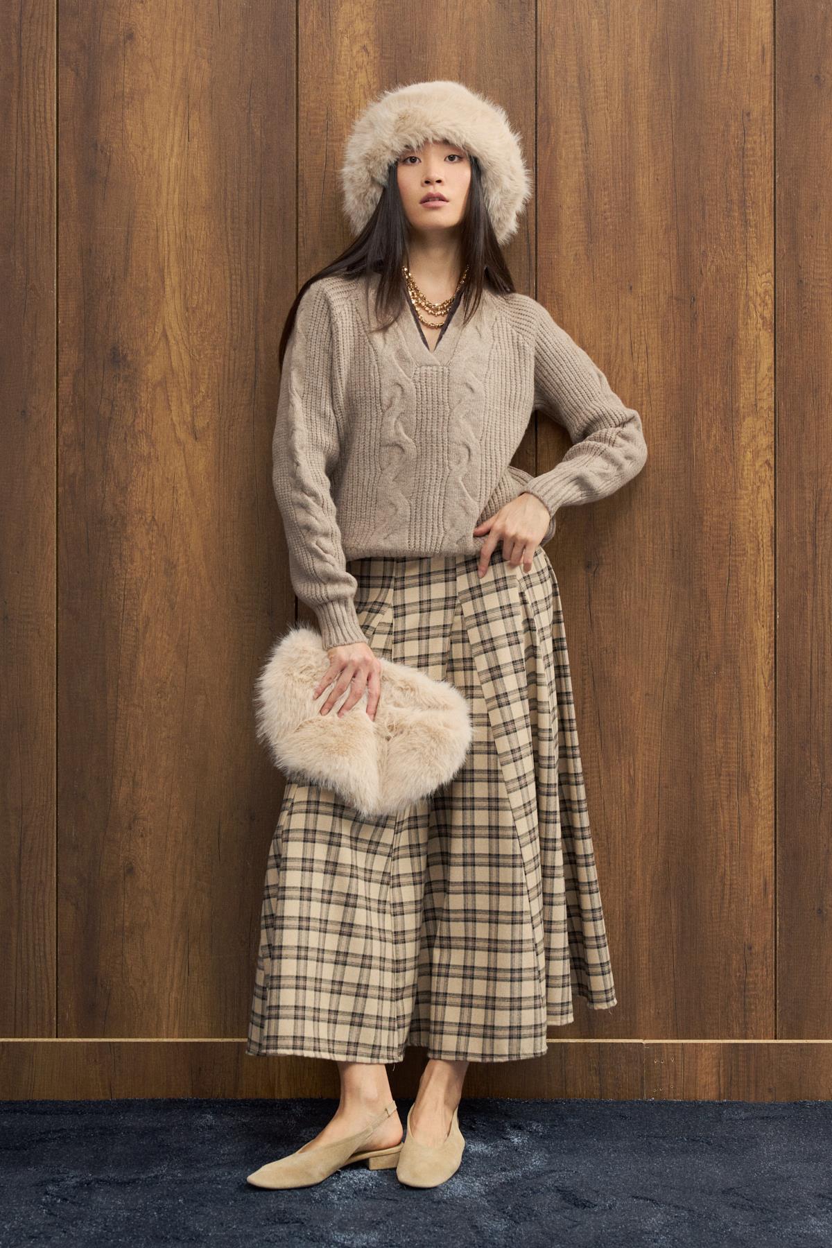 Side Denim Parçalı Triko Kazak - Vizon 