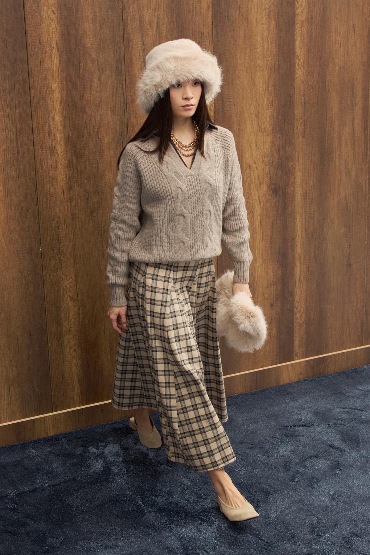 Side Denim Parçalı Triko Kazak - Vizon 