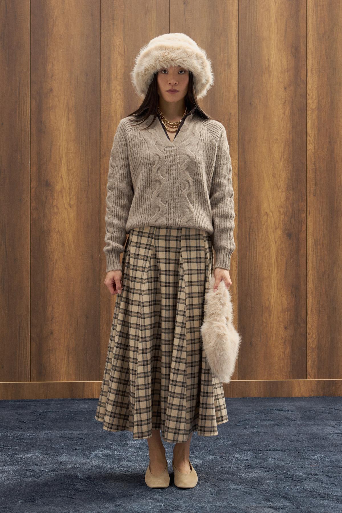 Side Denim Parçalı Triko Kazak - Vizon 