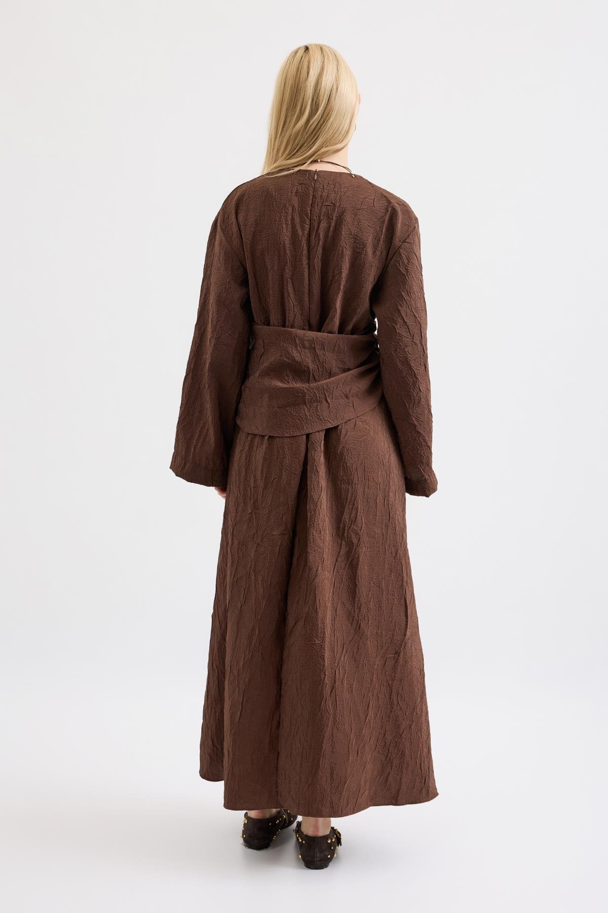 Silvia Kuşak Kemerli Pilili Elbise - Acı kahve