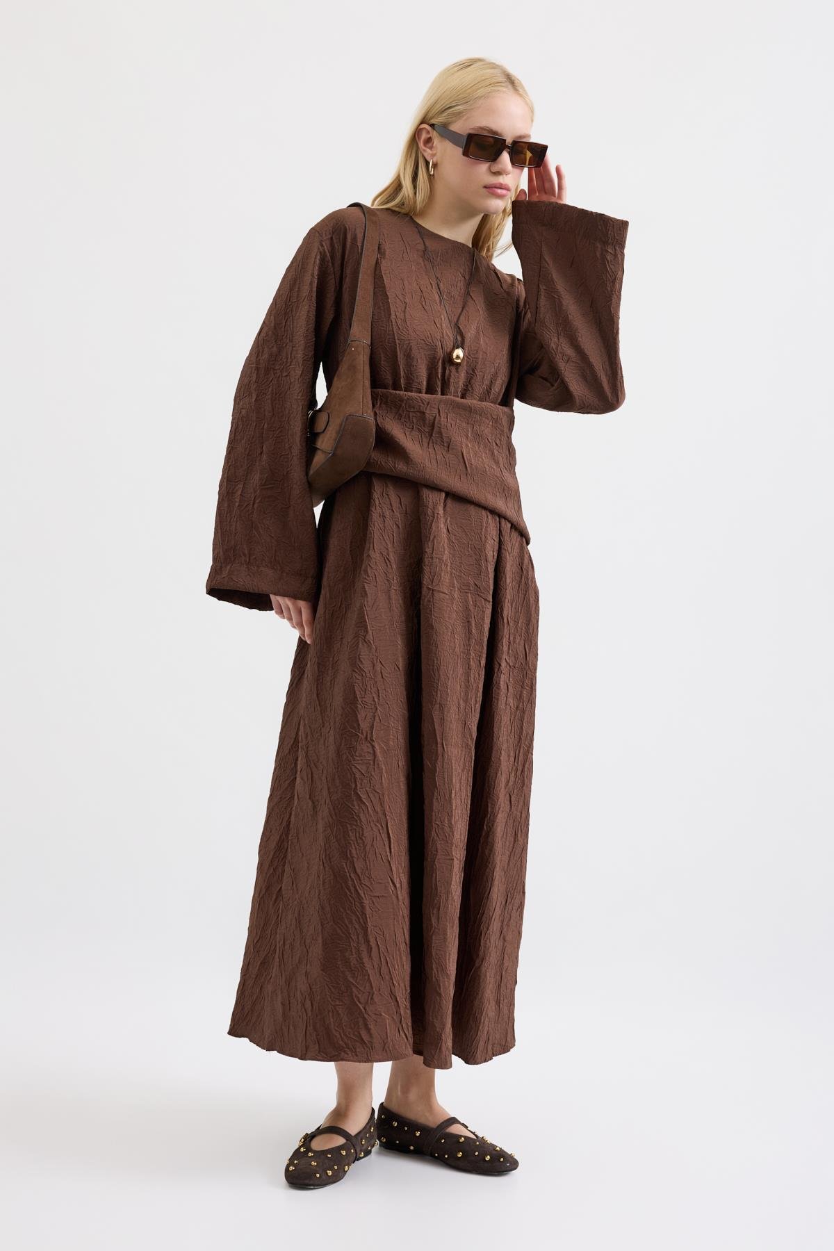 Silvia Kuşak Kemerli Pilili Elbise - Acı kahve