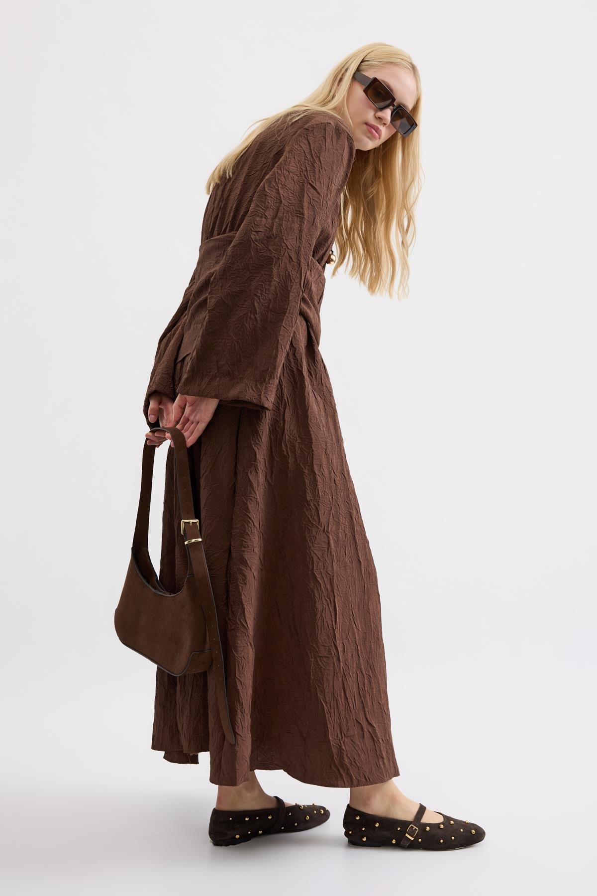 Silvia Kuşak Kemerli Pilili Elbise - Acı kahve