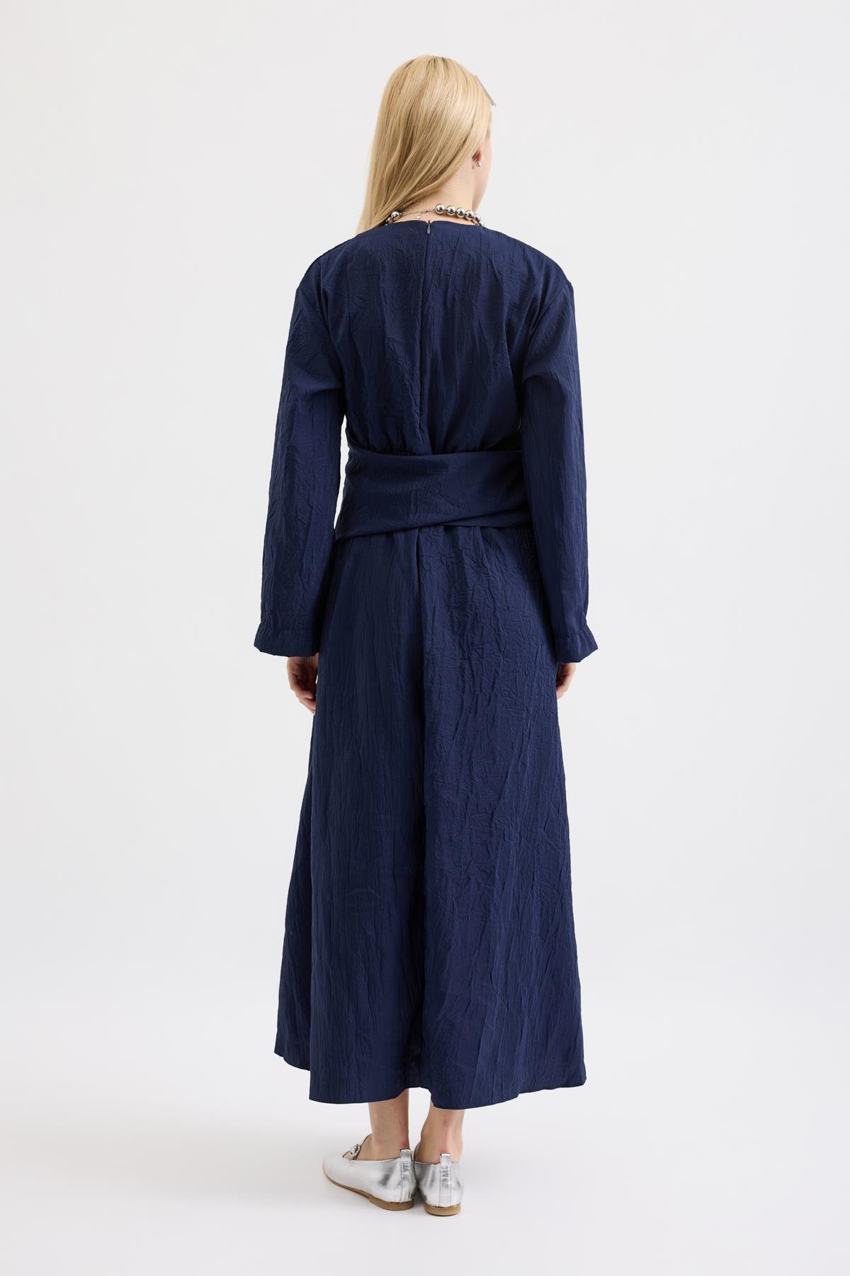 Silvia Kuşak Kemerli Pilili Elbise - Lacivert