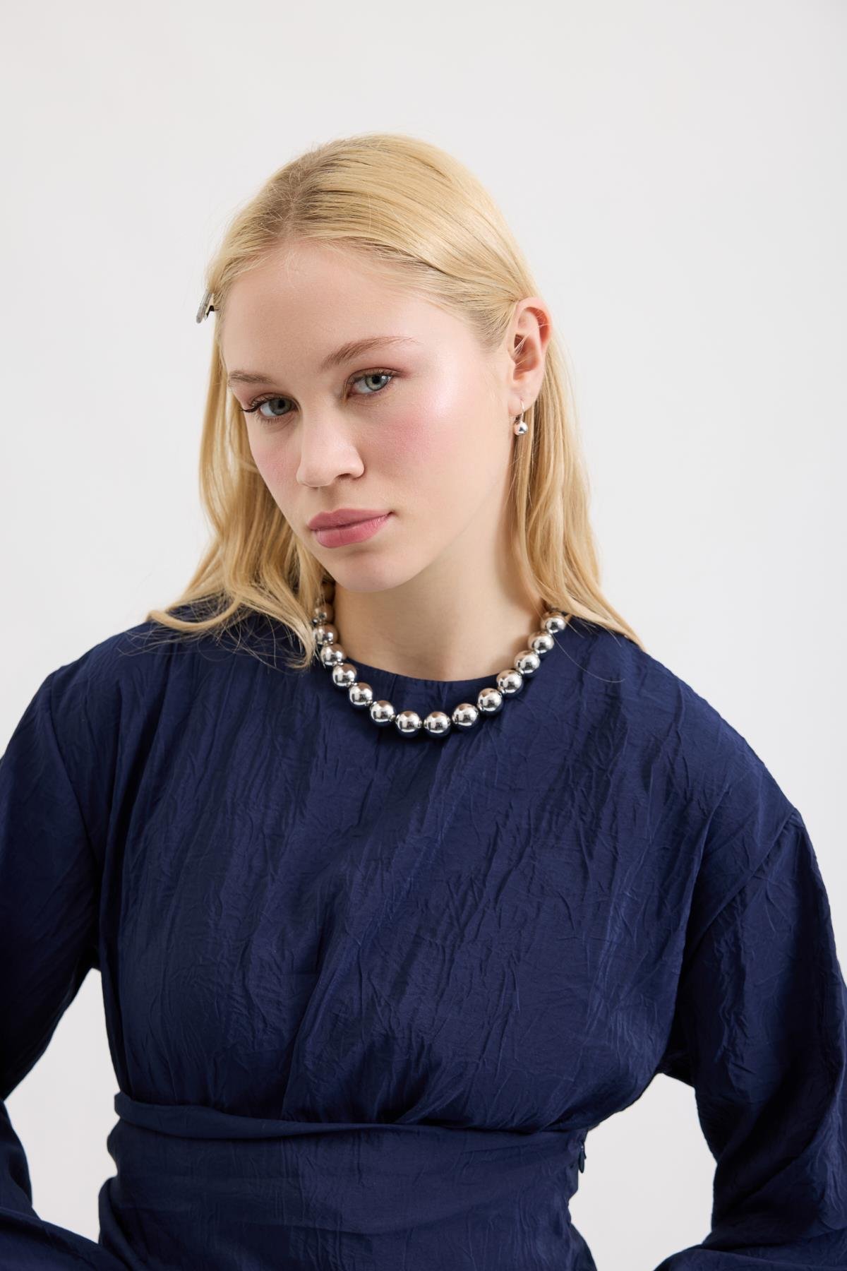 Silvia Kuşak Kemerli Pilili Elbise - Lacivert