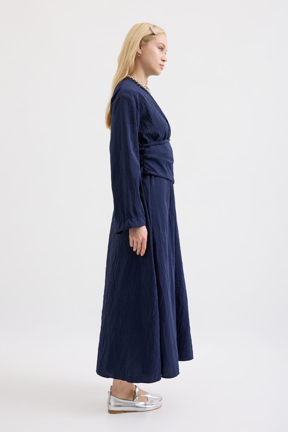 Silvia Kuşak Kemerli Pilili Elbise - Lacivert