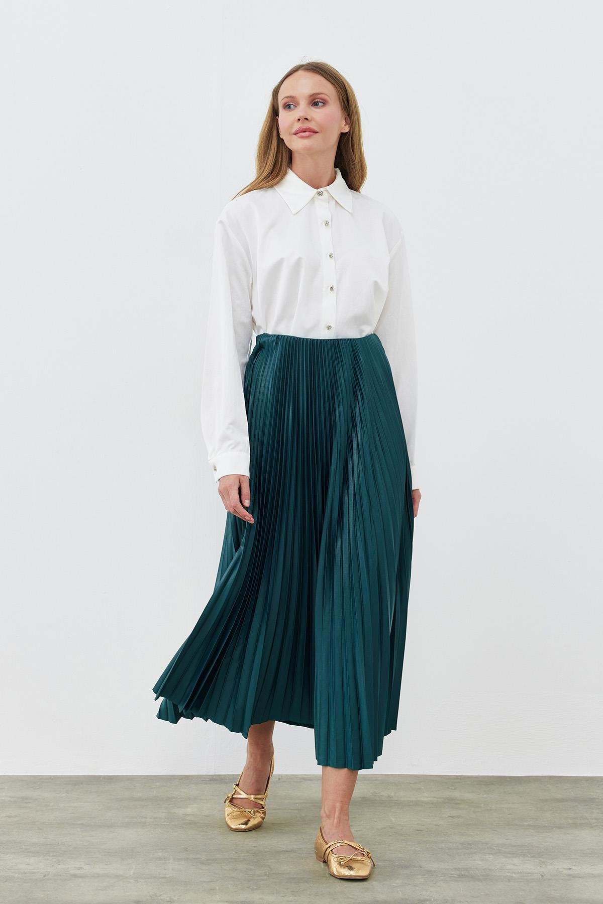 SINDY PİLİSELİ ETEK - ZÜMRÜT YEŞİL 