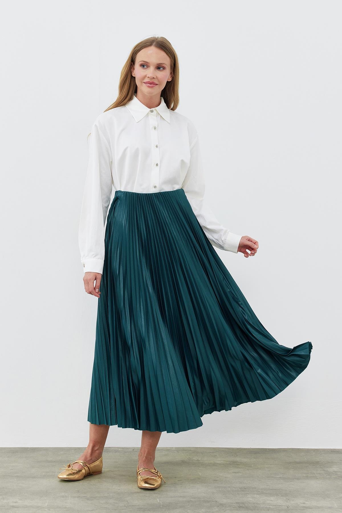 SINDY PİLİSELİ ETEK - ZÜMRÜT YEŞİL 