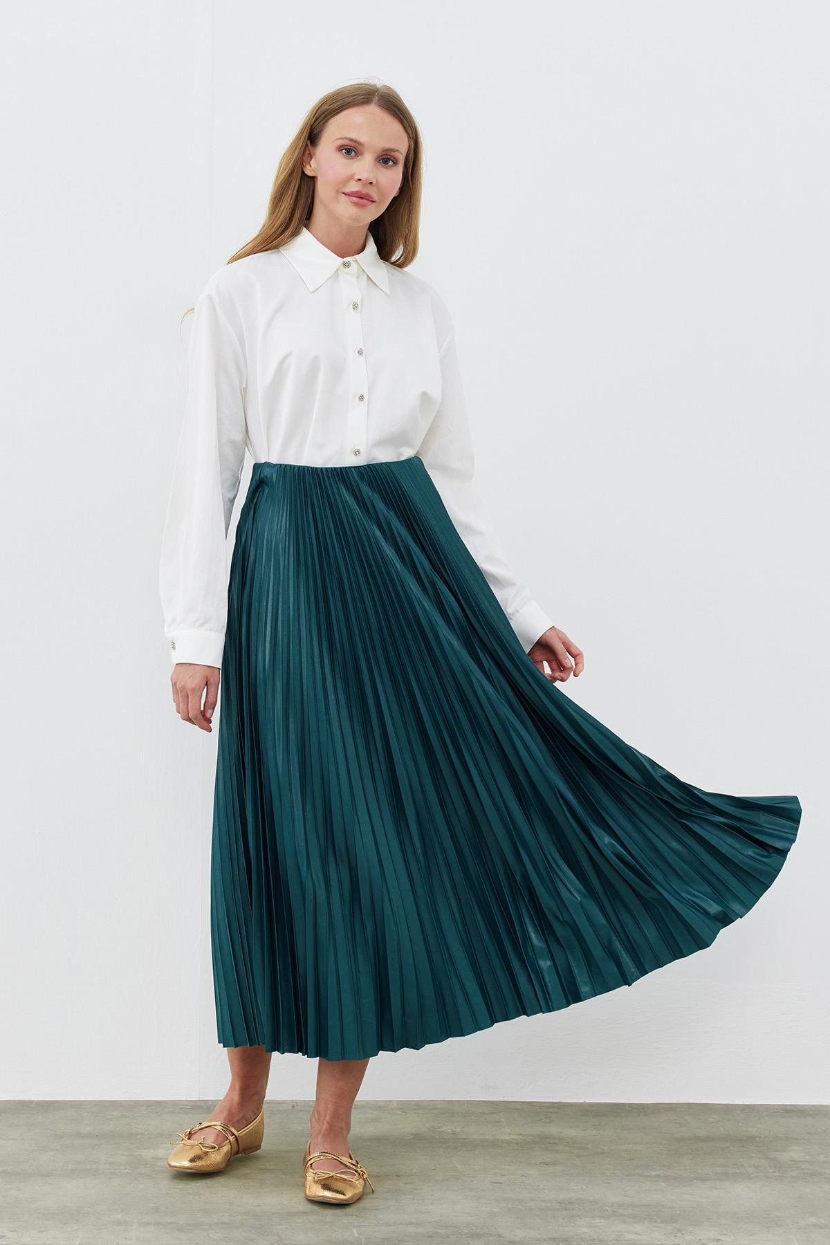 SINDY PİLİSELİ ETEK - ZÜMRÜT YEŞİL 