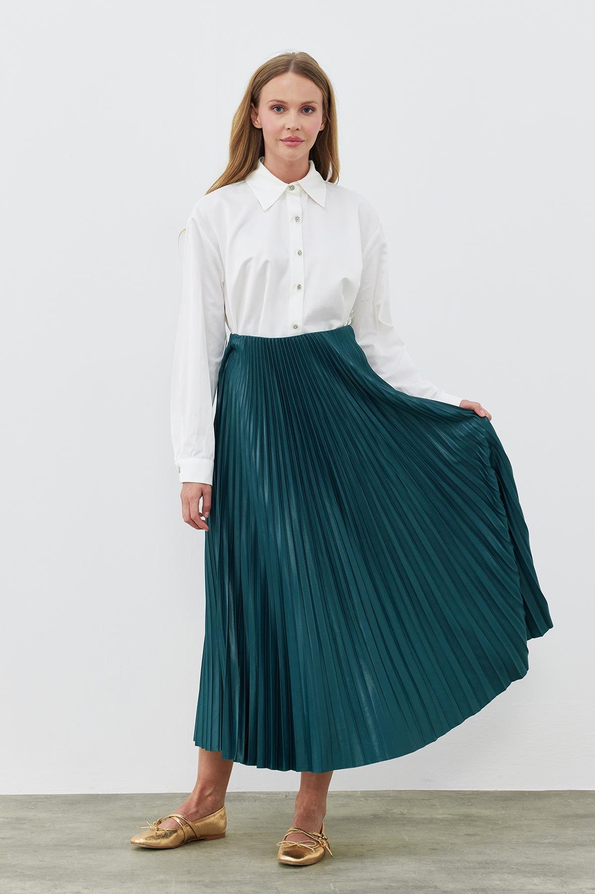 SINDY PİLİSELİ ETEK - ZÜMRÜT YEŞİL 