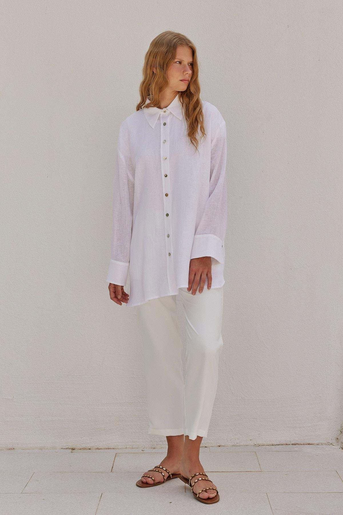 Sofya Linen Oversize Gömlek- Beyaz