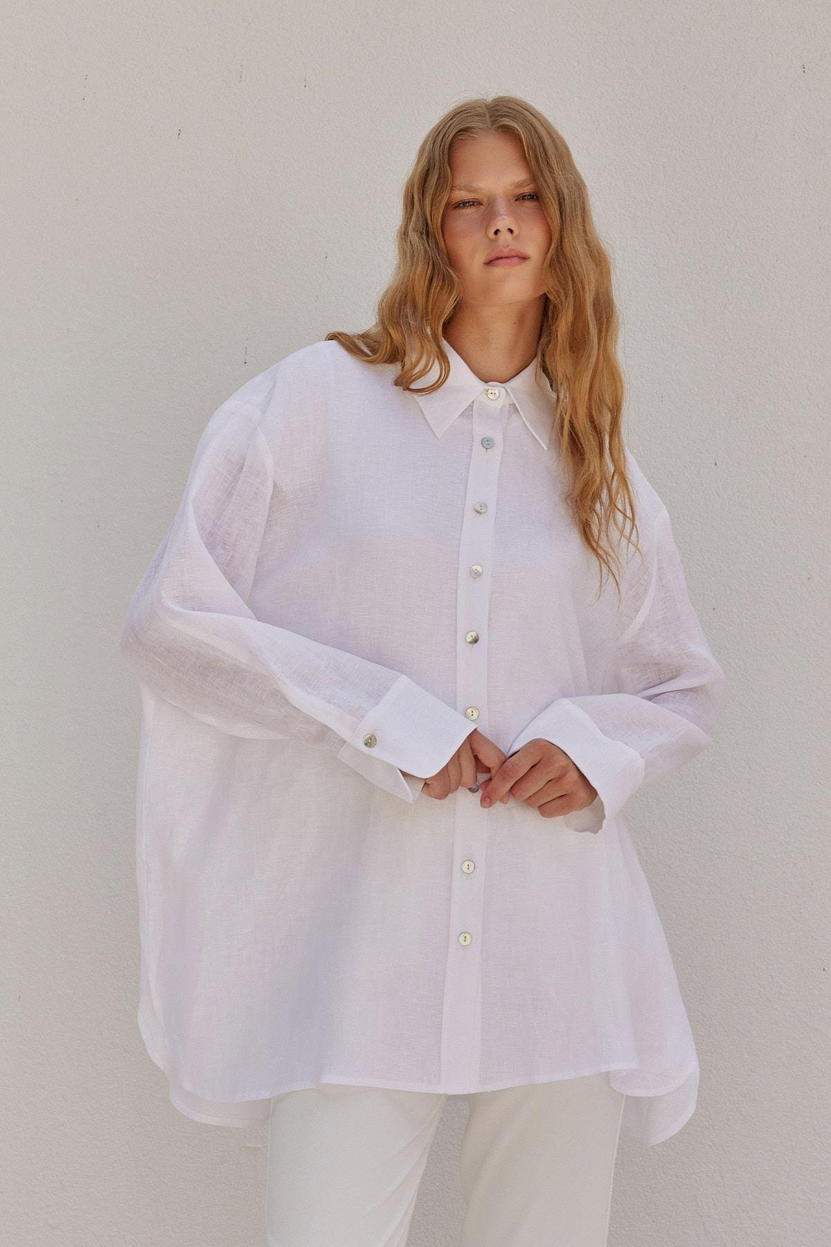 Sofya Linen Oversize Gömlek- Beyaz