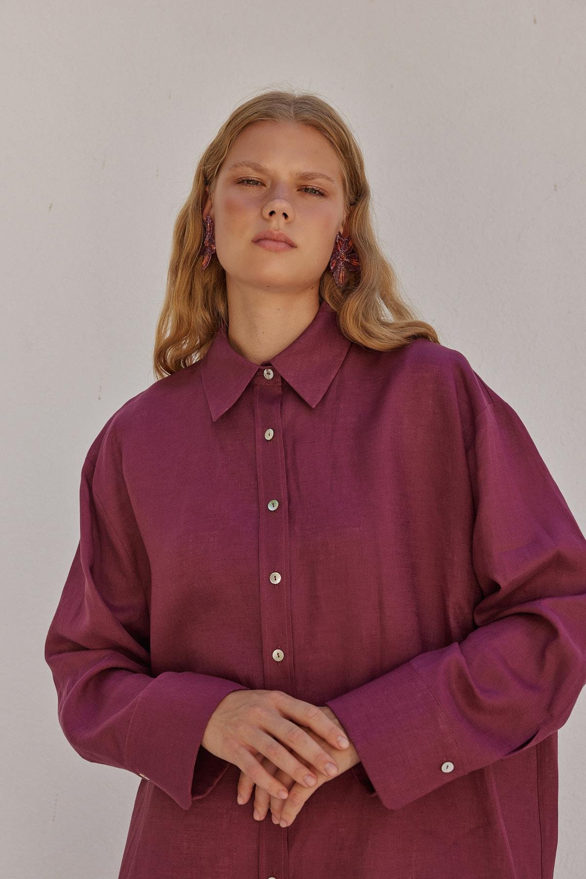 Sofya Linen Oversize Gömlek-Bordo