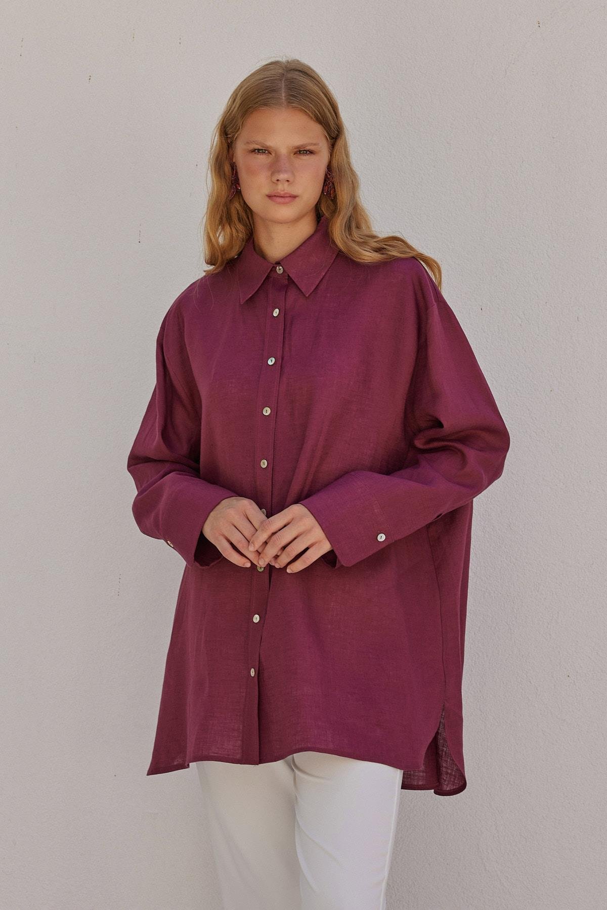 Sofya Linen Oversize Gömlek-Bordo