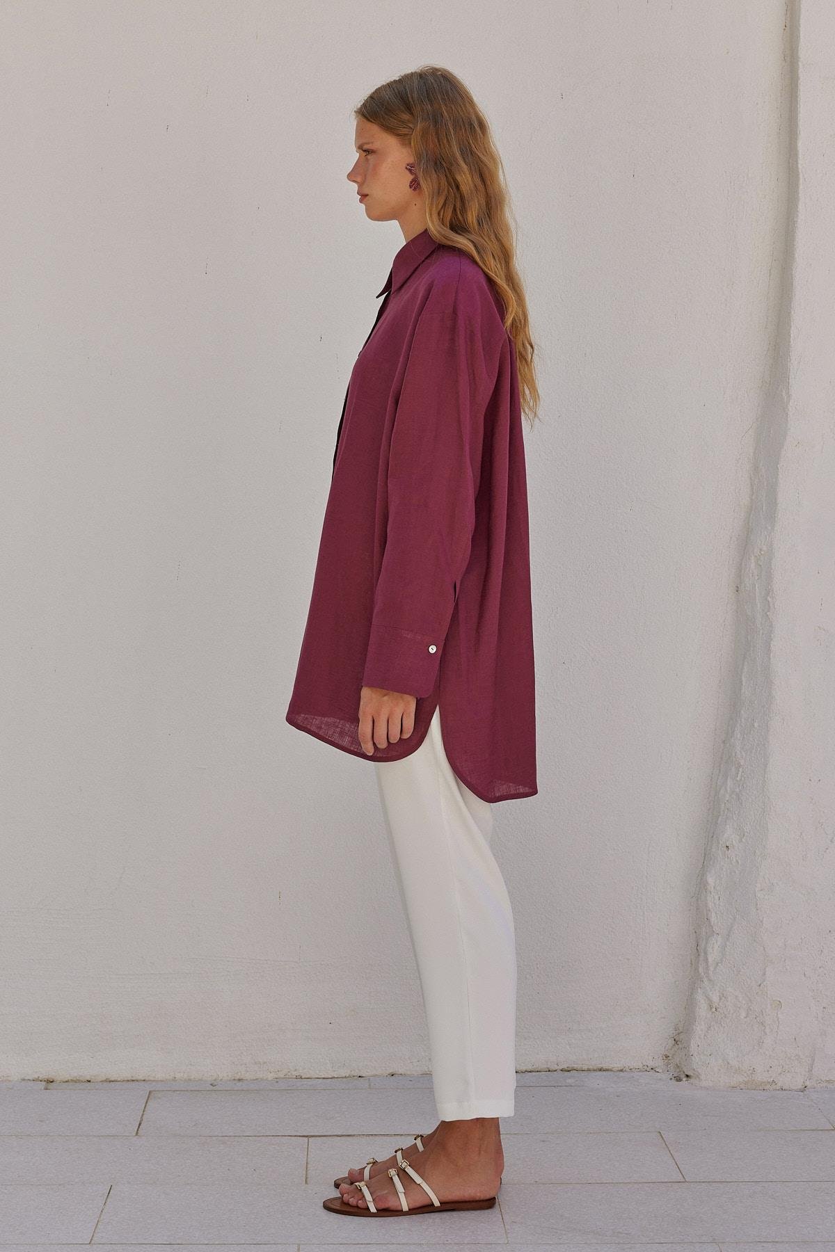 Sofya Linen Oversize Gömlek-Bordo