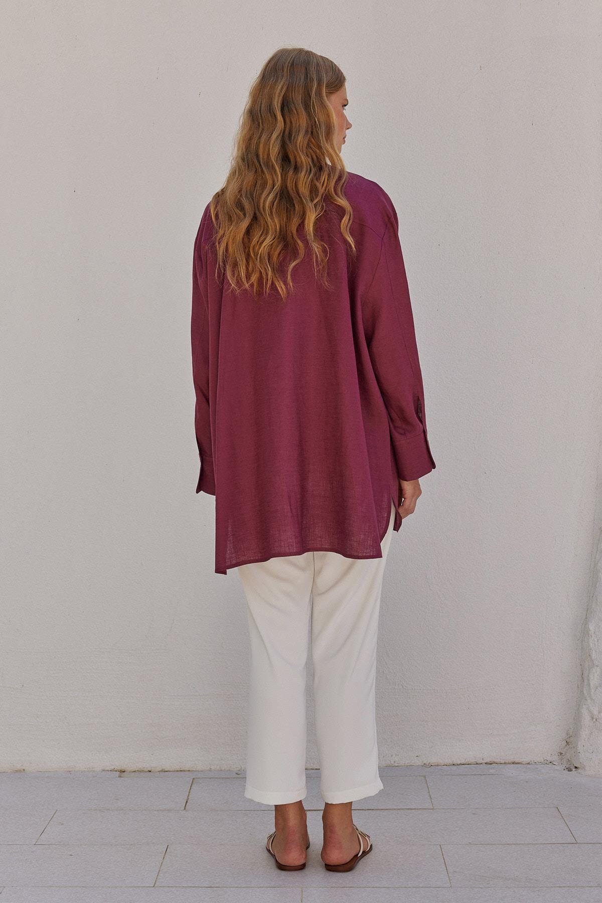 Sofya Linen Oversize Gömlek-Bordo