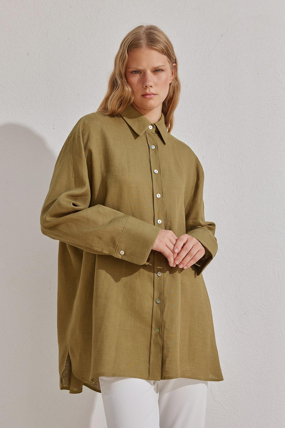 Sofya Linen Oversize Gömlek -Haki
