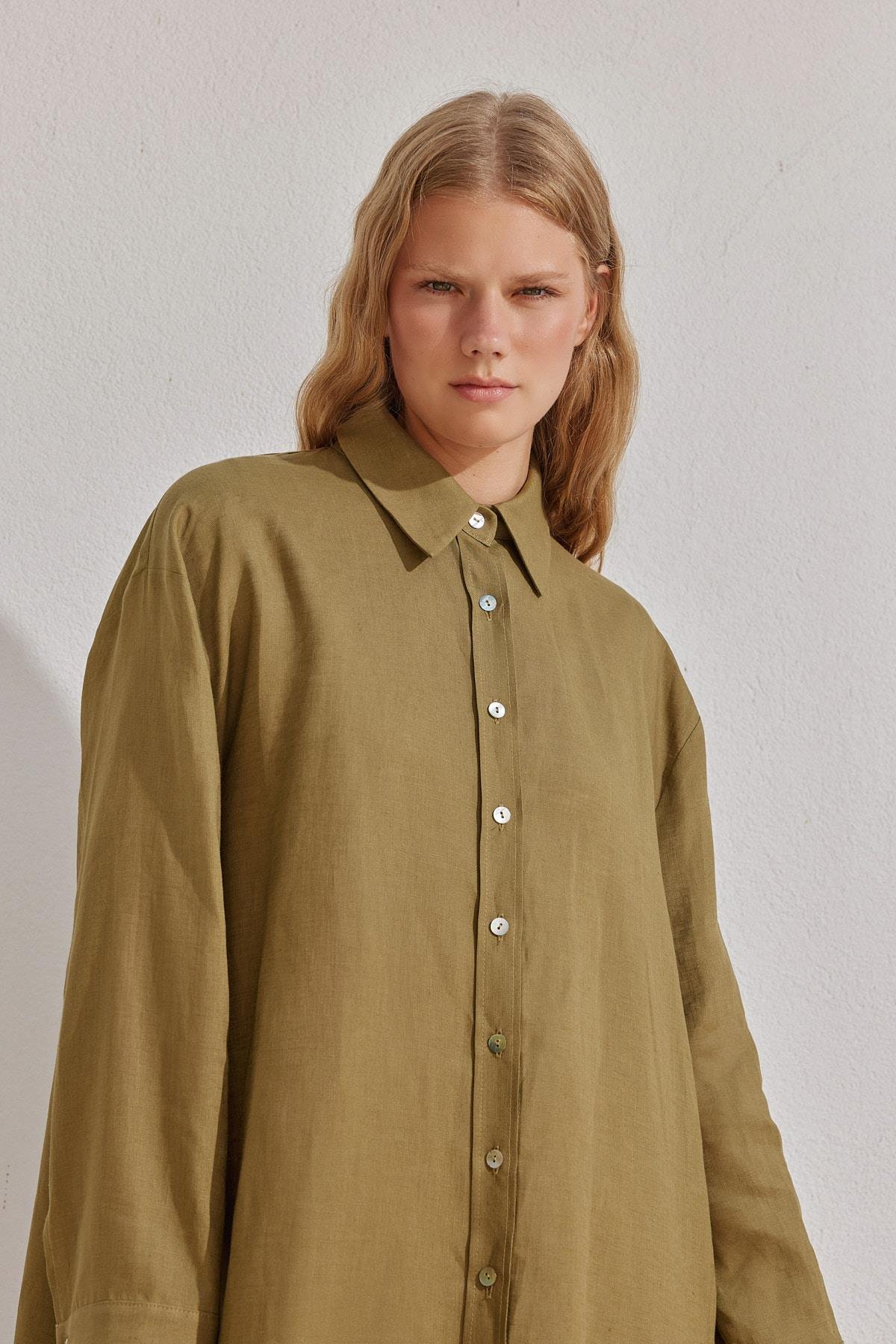 Sofya Linen Oversize Gömlek -Haki