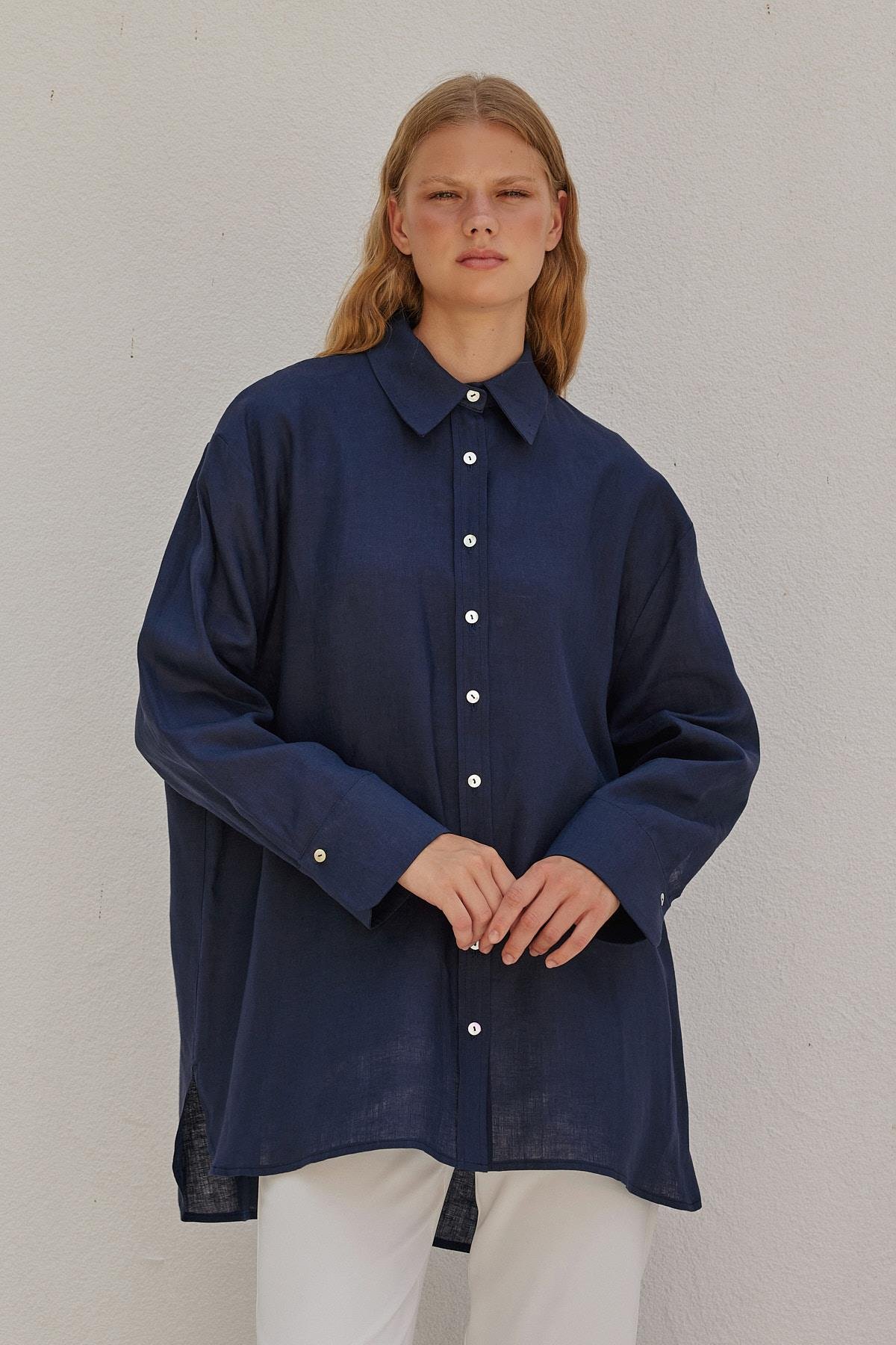Sofya Linen Oversize Gömlek- Lacivert