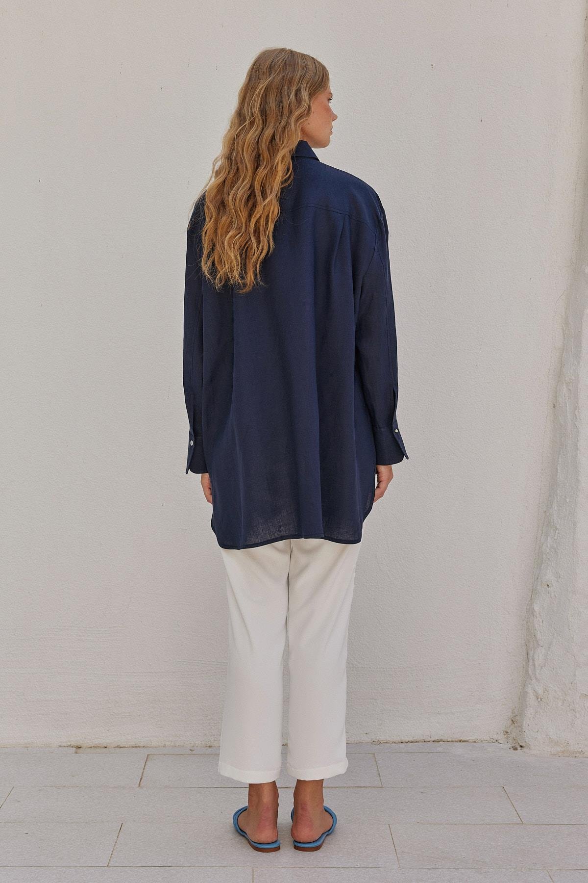 Sofya Linen Oversize Gömlek- Lacivert