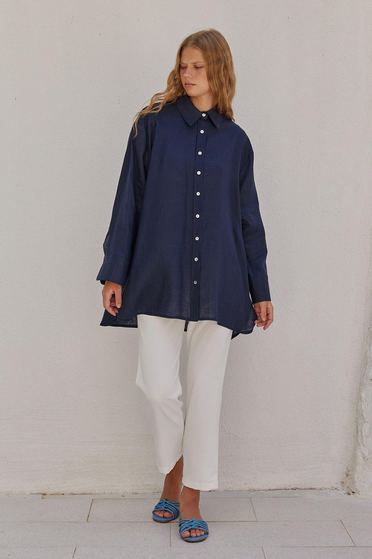 Sofya Linen Oversize Gömlek- Lacivert