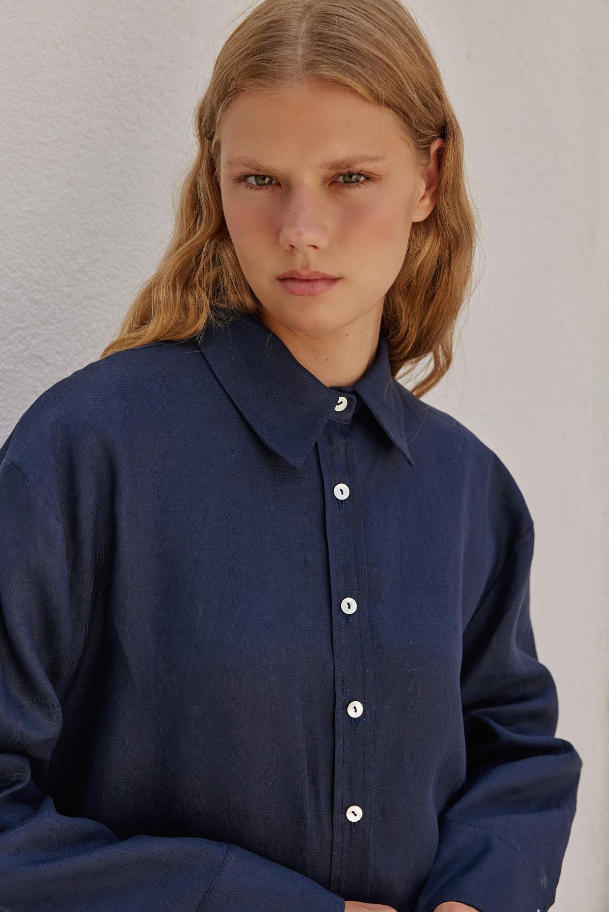 Sofya Linen Oversize Gömlek- Lacivert