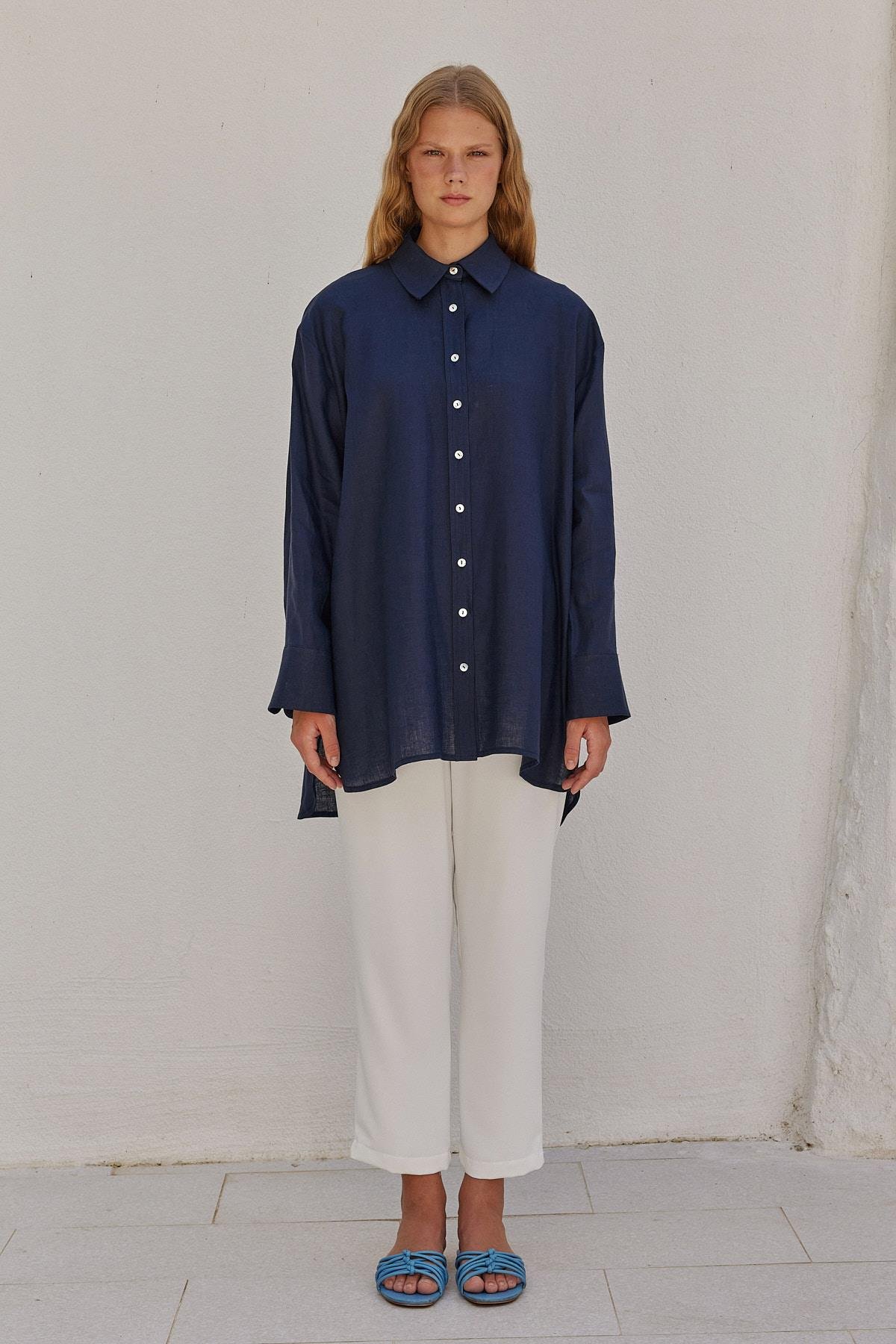 Sofya Linen Oversize Gömlek- Lacivert